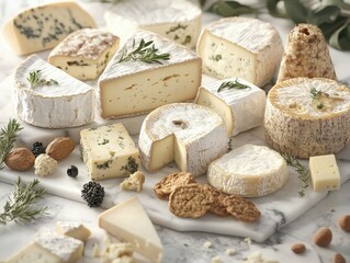 Assorted artisanal cheeses arranged beautifully on a platter