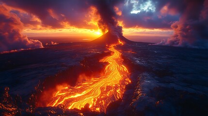 Naklejka premium A dramatic scene of molten lava flowing down a volcano beneath a vivid sunset sky and dense volcanic smoke