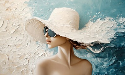A textured digital painting of an elegant 
beautiful woman in a hat adorned with floral details. 
The artwork blends realism with
impressionistic brushstrokes in a soft, colorful palette.