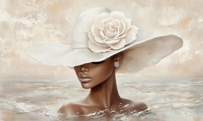 A textured digital painting of an elegant 
beautiful woman in a hat adorned with floral details. 
The artwork blends realism with
impressionistic brushstrokes in a soft, colorful palette.