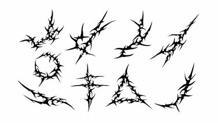 Neo tribal tattoo vector set, cyber sigilism elements. Sharp, aggressive, and futuristic, perfect for gothic cyberpunk design
