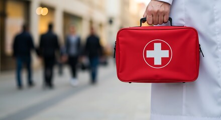 Medical professional holding red first aid kit on city street
