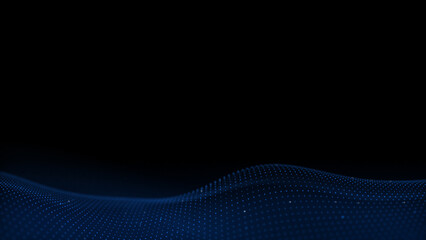 Digital dark blue wave frame black background. Abstract blue glowing waves flowing surrounded by light beams. 4k