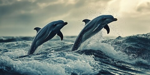 Fototapeta premium Dolphins jumping through the water, dynamic motion shot