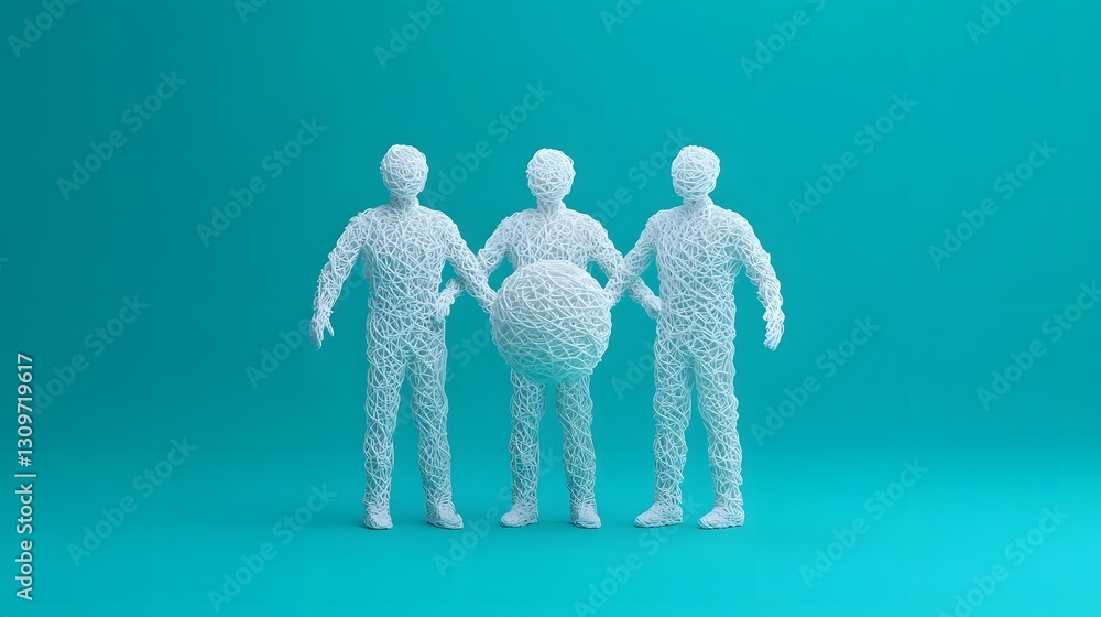 Aufkleber trio of abstract figures passing dynamic energy spheres symbolizing teamwork and synergy in 3d