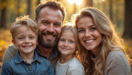 Fototapeta premium Portrait of happy family with kids in autumn forest. Father, mother, son and daughter smiling. Parents with children together outdoors enjoy nature, demonstrate unity. Concept of family values.