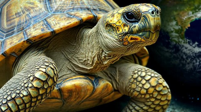 Close-up view of a detailed tortoise shell highlighting unique patterns and textures while positioned near a globe