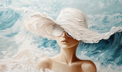 A textured digital painting of an elegant 
beautiful woman in a hat adorned with floral details. 
The artwork blends realism with
impressionistic brushstrokes in a soft, colorful palette.