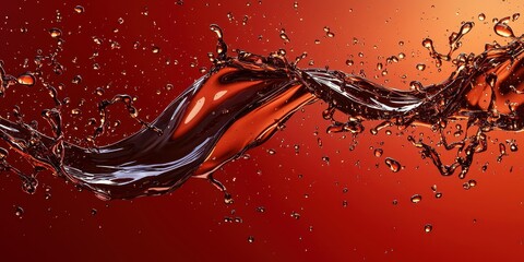 Dynamic chocolate splash with glossy texture on vibrant red background