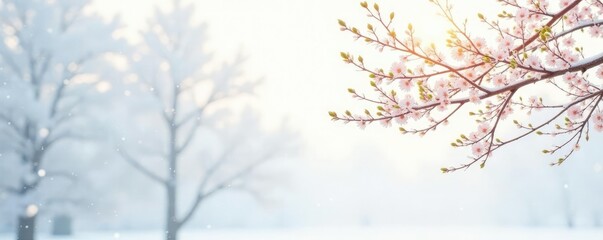 Delicate tree branches against a crisp white background, with soft morning light filtering through, calm, snow, minimalist