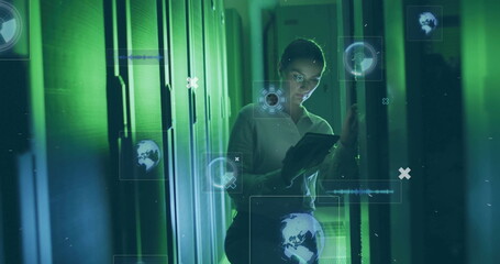 Image of digital icons and data over caucasian female it technician by computer servers