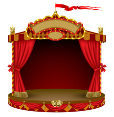 Colorful frame in the form of an open puppet theater stage or circus tent isolated on white. Vector illustration in 3d style