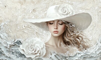 A textured digital painting of an elegant 
beautiful woman in a hat adorned with floral details. 
The artwork blends realism with
impressionistic brushstrokes in a soft, colorful palette.