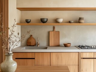 A modern kitchen interior with wooden cabinets and shelves