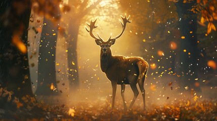 Majestic Stag in Autumnal Forest: A Golden Hour Dream