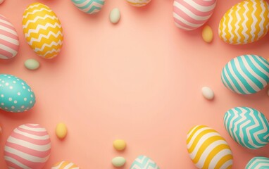 Fototapeta premium Easter 3d background minimalistic mockup with space for text, colorful Easter egg pattern background