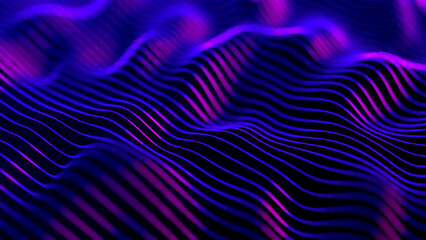 Fluid Wavy Vibrant Blue Purple Geometry. Abstract purple digital waves on dark blue background with soft purple light rays. Digital sea particle waves background. Violet waves
