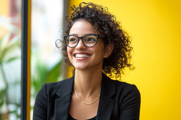 Smiling businesswoman laughing, wearing glasses, and looking at copy space in the office.