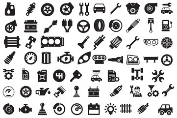 A set of car parts and automotive accessories in vector format. Ideal for repair shop designs, mechanic branding, and car-related infographics.