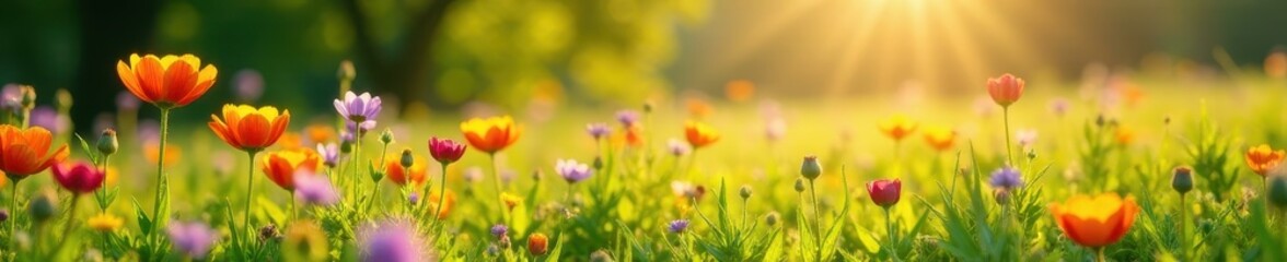 Obraz premium Vibrant wildflowers bloom in sun-drenched meadow, scenic, poppy, cornflower