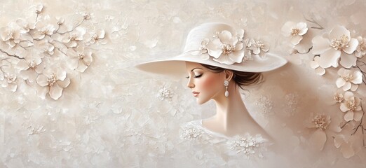 A textured digital painting of an elegant 
beautiful woman in a hat adorned with floral details. 
The artwork blends realism with
impressionistic brushstrokes in a soft, colorful palette.