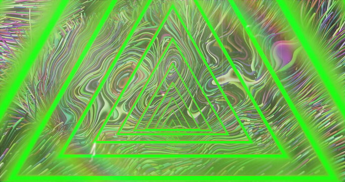 Image of neon triangles over colourful liquid background - Powered by Adobe