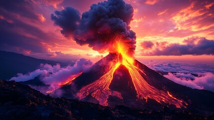 The volcano erupts sending molten lava down the slopes glowing beneath the fiery colors of the sunset and heavy smoke