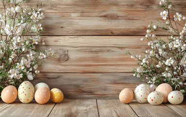 Easter 3d background minimalistic mockup with space for text, natural rustic wooden table with Easter decorations background