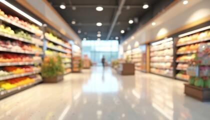 Blurred image of shopping mall interior, department store, supermarket. Abstract background with bokeh lights, out of focus image. Empty shopping center during sale season with copyspace.