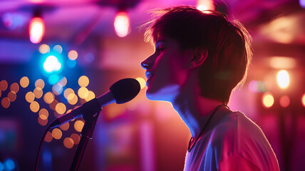 This singer captivates the audience with vibrant vocals during a lively karaoke event at night.