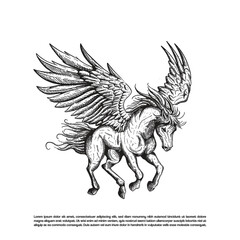 Flying legendary animal, Engraving winged horse isolated on white background