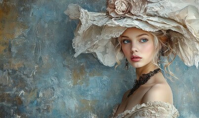 A textured digital painting of an elegant 
beautiful woman in a hat adorned with floral details. 
The artwork blends realism with
impressionistic brushstrokes in a soft, colorful palette.