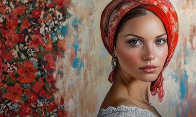 A textured digital painting of an elegant 
beautiful woman in a hat adorned with floral details. 
The artwork blends realism with
impressionistic brushstrokes in a soft, colorful palette.
