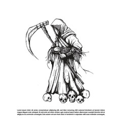Dark art hooded killer holding scythe with mask on his face and skull in the ground vector