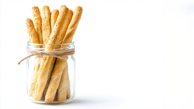 B&acirc;tonnets de gressins croustillants dans un bocal en verre, li&eacute; avec de la ficelle.
