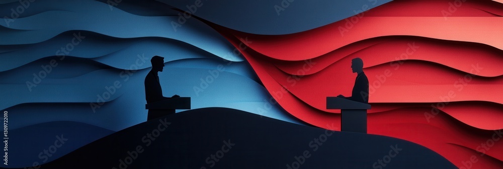 Poster engaging political debate backdrop featuring silhouettes of speakers at podiums with dynamic layered