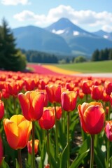 Fields of colorful tulips blooming in Skagit Valley's spring sun , day, botanical, tulips