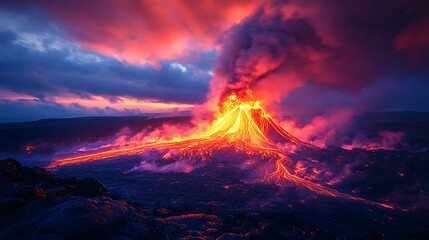 A stunning lava flow streams from the volcanic peak glowing beneath the colorful sunset and heavy smoke filled air