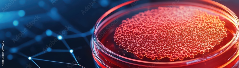 Poster 3d rendered glowing petri dish with evolving circular structures on a dark background