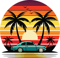 Retro Sunset Beach Palm Trees with Car Silhouette Vector