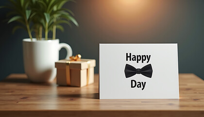 Wooden table with a Father's Day card, coffee mug, and a small gift box