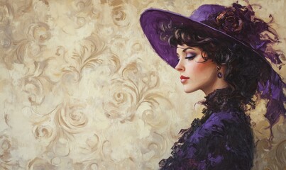 A textured digital painting of an elegant 
beautiful woman in a hat adorned with floral details. 
The artwork blends realism with
impressionistic brushstrokes in a soft, colorful palette.