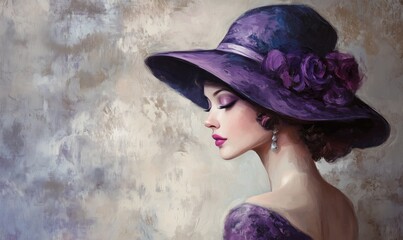 A textured digital painting of an elegant 
beautiful woman in a hat adorned with floral details. 
The artwork blends realism with
impressionistic brushstrokes in a soft, colorful palette.