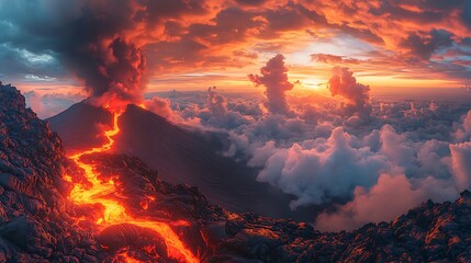 Bright lava carves a path down the volcano glowing intensely beneath the sunset sky with billowing dark clouds