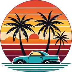 Retro Sunset Beach Palm Trees with Car Silhouette Vector