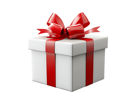 white gift box with red ribbon and bow on transparent background, png photo