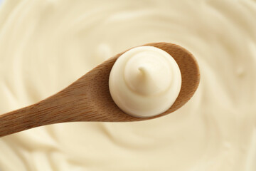 Spoon with delicious mayonnaise sauce, top view