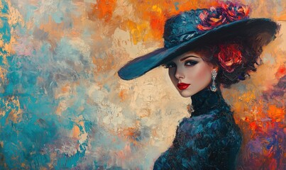 A textured digital painting of an elegant 
beautiful woman in a hat adorned with floral details. 
The artwork blends realism with
impressionistic brushstrokes in a soft, colorful palette.