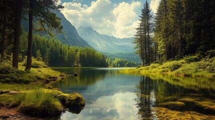 A beautiful mountain lake with trees in the background. The water is calm and clear, reflecting the surrounding trees and mountains. The scene is peaceful and serene
