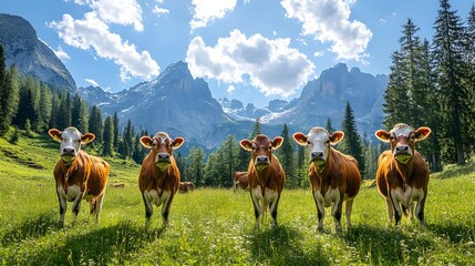 Fototapeta premium Three cows grazing peacefully in a lush green meadow under a bright blue sky on a traditional agricultural farm